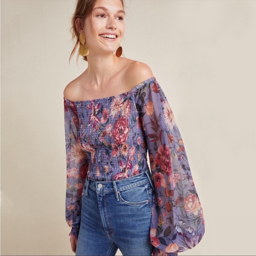 Anthropologie Rouen Floral Printed Smocked Top New Size Small